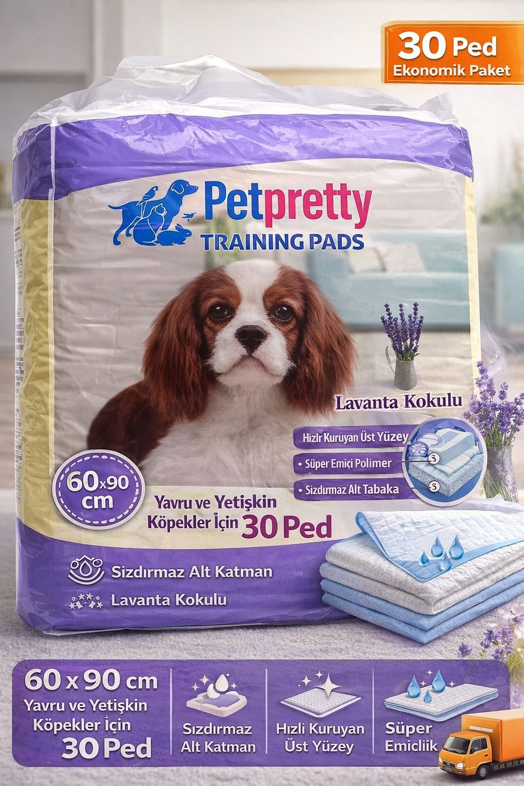 Petpretty Lavanta Kokulu Köpek Tuvalet Pedi – 60×90 cm | 30’lu Ekonomik Paket