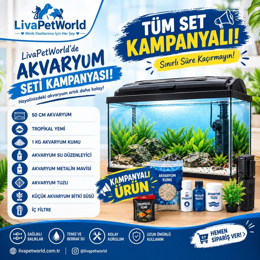 50 CM Komple Akvaryum Seti – İç Filtre, 1 KG Akvaryum Kumu ve 100 GR Tropikal Yem Dahil | Kampanyalı Set